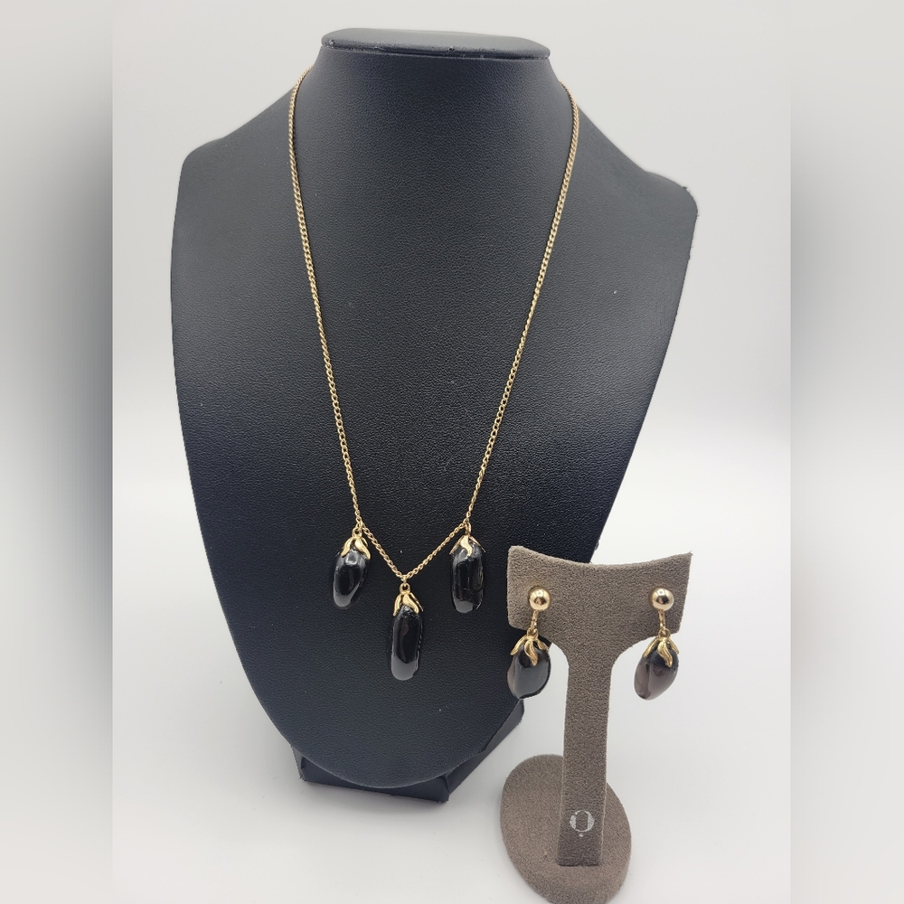 Vintage Art Deco Gold tone Smokey Topaz Dangle Choker and Screw back earring